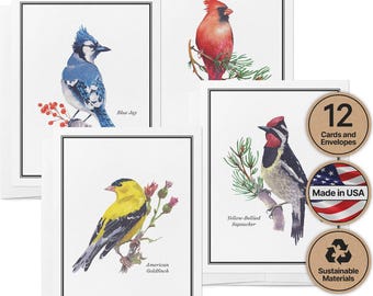 Watercolor Birds Greeting Card Set - 12 Cards with Envelopes