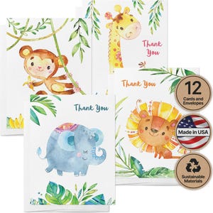 Jungle Animal Baby Thank You Cards, Set of 12 (Eco-Friendly Paper)