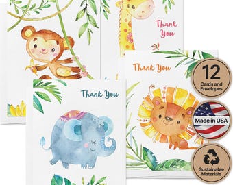 Jungle Animal Baby Thank You Cards, Set of 12 (Eco-Friendly Paper)