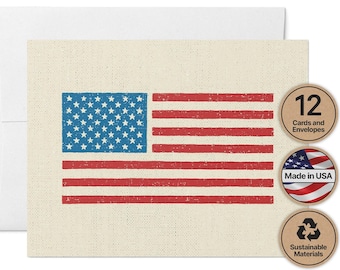 Patriotic Note Cards: American Flag Design - Set of 12 with Envelopes