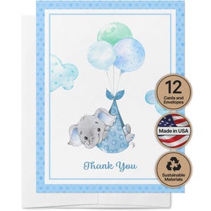 Baby Boy Elephant Thank You Cards - Blue Balloon Watercolor
