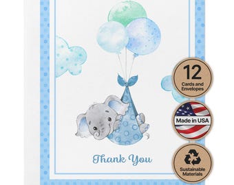 Baby Boy Elephant Thank You Cards - Blue Balloon Watercolor
