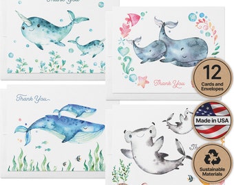 Baby Shower Thank You Cards | Blank Ocean Animal Greeting Cards | Eco Friendly | Set of 12 Cards & Envelopes