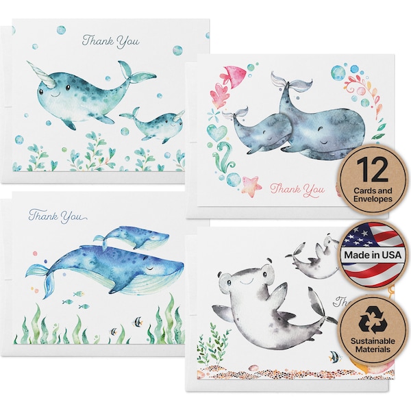 Baby Shower Thank You Cards | Blank Ocean Animal Greeting Cards | Eco Friendly | Set of 12 Cards & Envelopes
