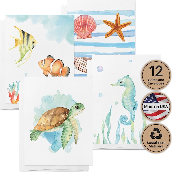 Ocean Animal Watercolor Greeting Cards | Cute Ocean Life Notecards | Sea Turtle, Seahorse, Starfish, and Fish | Set of 12 Cards & Envelopes