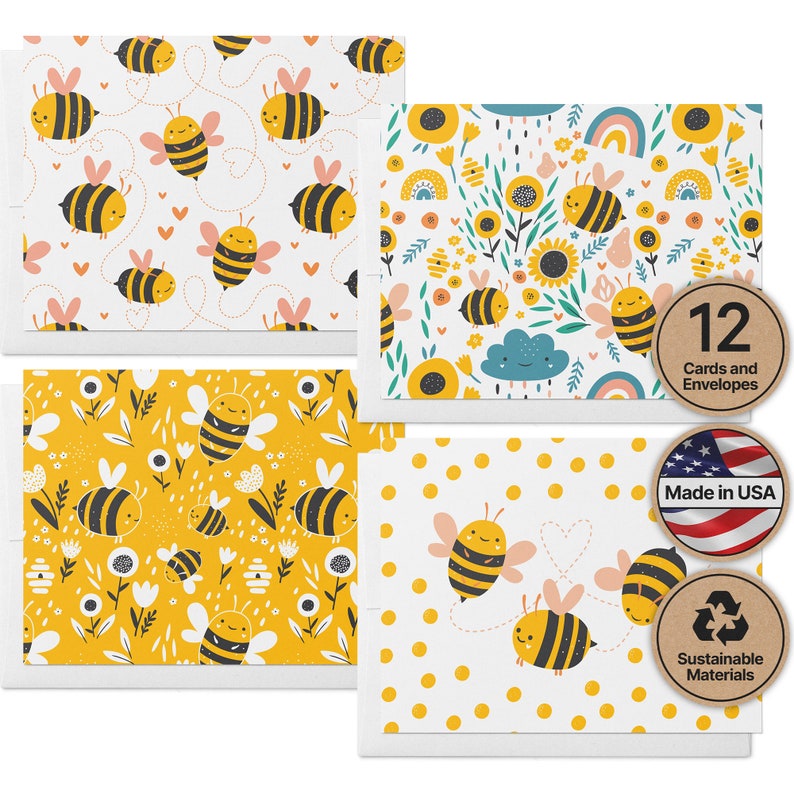 Bumble Bee Greeting Cards Bees Cards Set Bees and Flowers Greeting Cards Bees and Hearts Cards Set of 12 Cards & Envelopes image 1