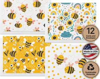 Bumble Bee Greeting Cards: Set of 12 with Flower Art