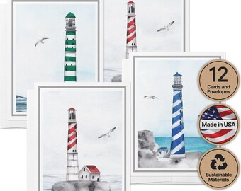 Lighthouse Sympathy Cards: Watercolor Coastal Set of 12