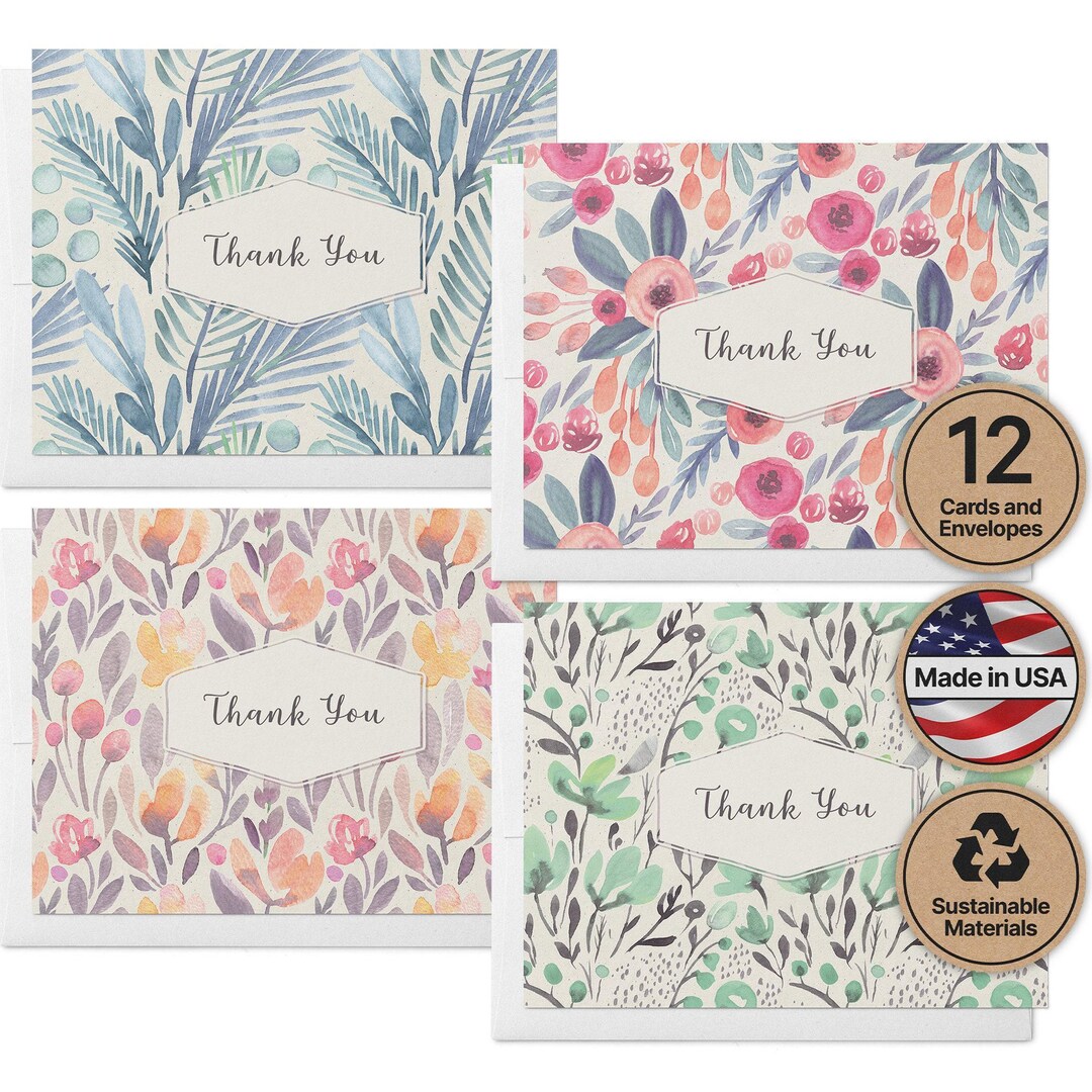 Watercolor Flower Thank You Cards - Set of 12 With Envelopes - Etsy