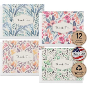 Watercolor Flower Thank You Cards - Set of 12 with Envelopes