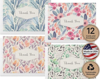 Watercolor Flower Thank You Cards - Set of 12 with Envelopes