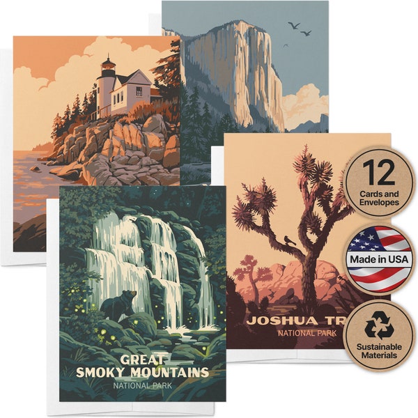 National Park Greeting Cards | Set 4 | Vintage USA Parks | Gift for Hikers | Blank Inside | 100% Recycled | Set of 12 Cards & Envelopes