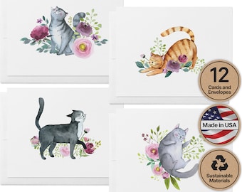 Cat Greeting Cards | Adorable Watercolor Animal Cards for Any Occasion | Blank Interior for Personal Greeting | Set of 12 Cards & Envelopes