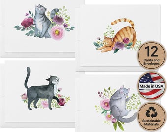 Watercolor Cat Greeting Cards, 4 Designs (Set of 12, Blank Inside)