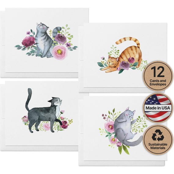 Watercolor Cat Greeting Cards, 4 Designs (Set of 12, Blank Inside)
