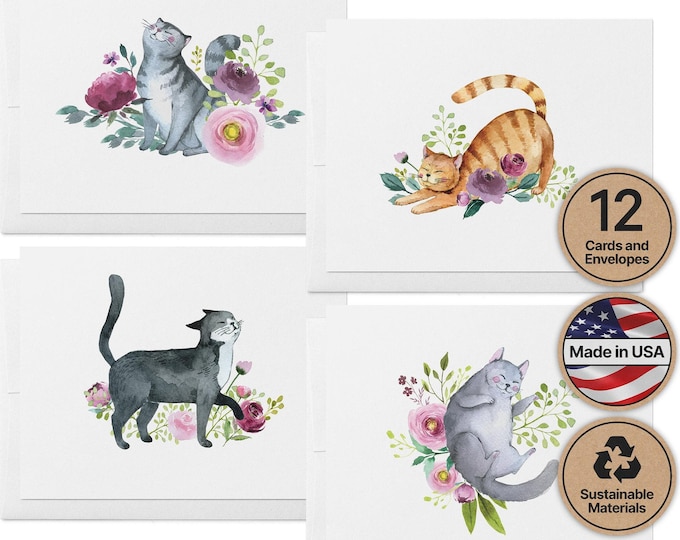 Watercolor Cat Greeting Cards, 4 Designs (Set of 12, Blank Inside)