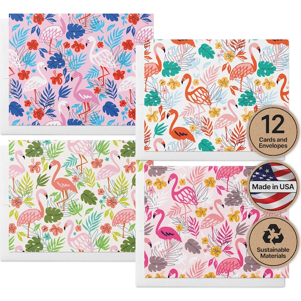 Tropical Flamingo Pattern Cards with Envelopes - Eco-Friendly Greeting Cards - Set of 12 Cards & Envelopes