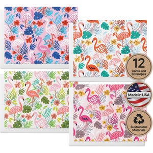 Flamingo Note Cards, Tropical Pink Designs, Set of 12 with Envelopes