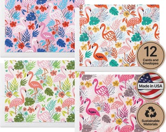 Flamingo Note Cards, Tropical Pink Designs, Set of 12 with Envelopes