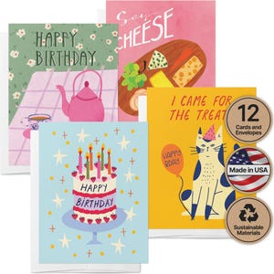 May include: A collection of colorful greeting cards with various designs. One card features a pink teapot and the words "Happy Birthday." Another says "Say Cheese" with cheese and grapes. A third card has a cat with a party hat and a balloon.