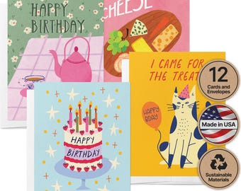 Birthday Cards: Hand Drawn Illustrated Art Set of 12