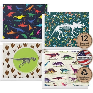 Dinosaur Card Set for Kids | Assorted Stationery for Thank You Cards or Birthday Cards | Blank Inside | Set of 12 Cards & Envelopes