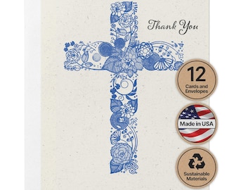Christian Thank You Cards, Watercolor Cross Design, Set of 12 with Envelopes