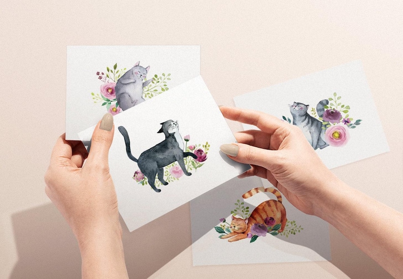 Watercolor Cat Greeting Cards, 4 Designs (Set of 12, Blank Inside) image 2