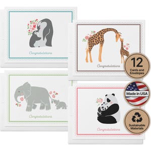 New Baby Cards: Mother and Baby Animal Greeting Set of 12