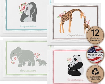 New Baby Cards: Mother and Baby Animal Greeting Set of 12