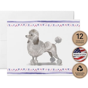 May include: Watercolor greeting card featuring a gray poodle illustration. The card has a decorative border with pink and purple triangles. Includes 12 cards and envelopes. Made in the USA with sustainable materials.