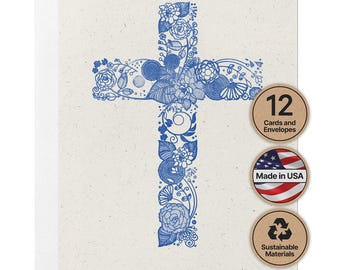 Christian Note Cards, Watercolor Cross and Flowers, Set of 12 with Envelopes, Blank Inside