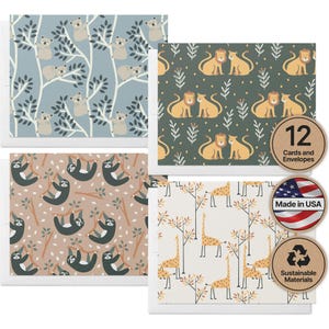 Jungle Animal Baby Shower Cards, Thank You Notes (Set of 12)