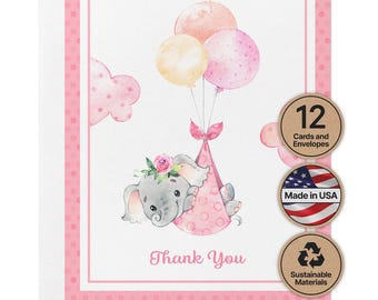 Baby Girl Elephant Thank You Cards, Watercolor Balloon (Set of 12)