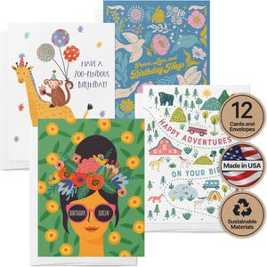 Funny Birthday Cards, Assorted Set of 12 with Envelopes, Blank Inside