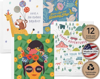 Birthday Card Set: 12 Lighthearted Designs (Eco-Friendly, Blank Inside)