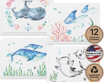 Baby Shower Assorted Note Cards | Under The Sea Nautical Baby Shower | Ocean Theme Notecards With Envelopes | Set of 12 Cards & Envelopes