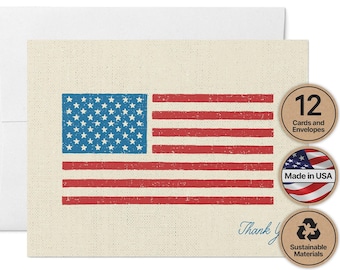 Patriotic Thank You Cards, American Flag (Set of 12 with Envelopes)