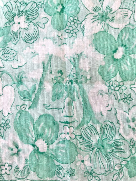 1950's Handkerchief - Green Floral Pattern with B… - image 2