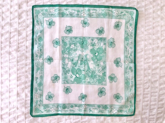 1950's Handkerchief - Green Floral Pattern with B… - image 1