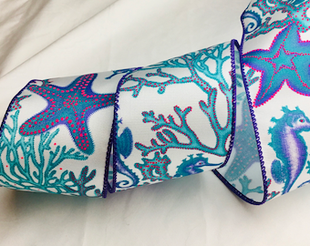 Mermaid Colors, Seahorse Starfish Coral Ribbon
