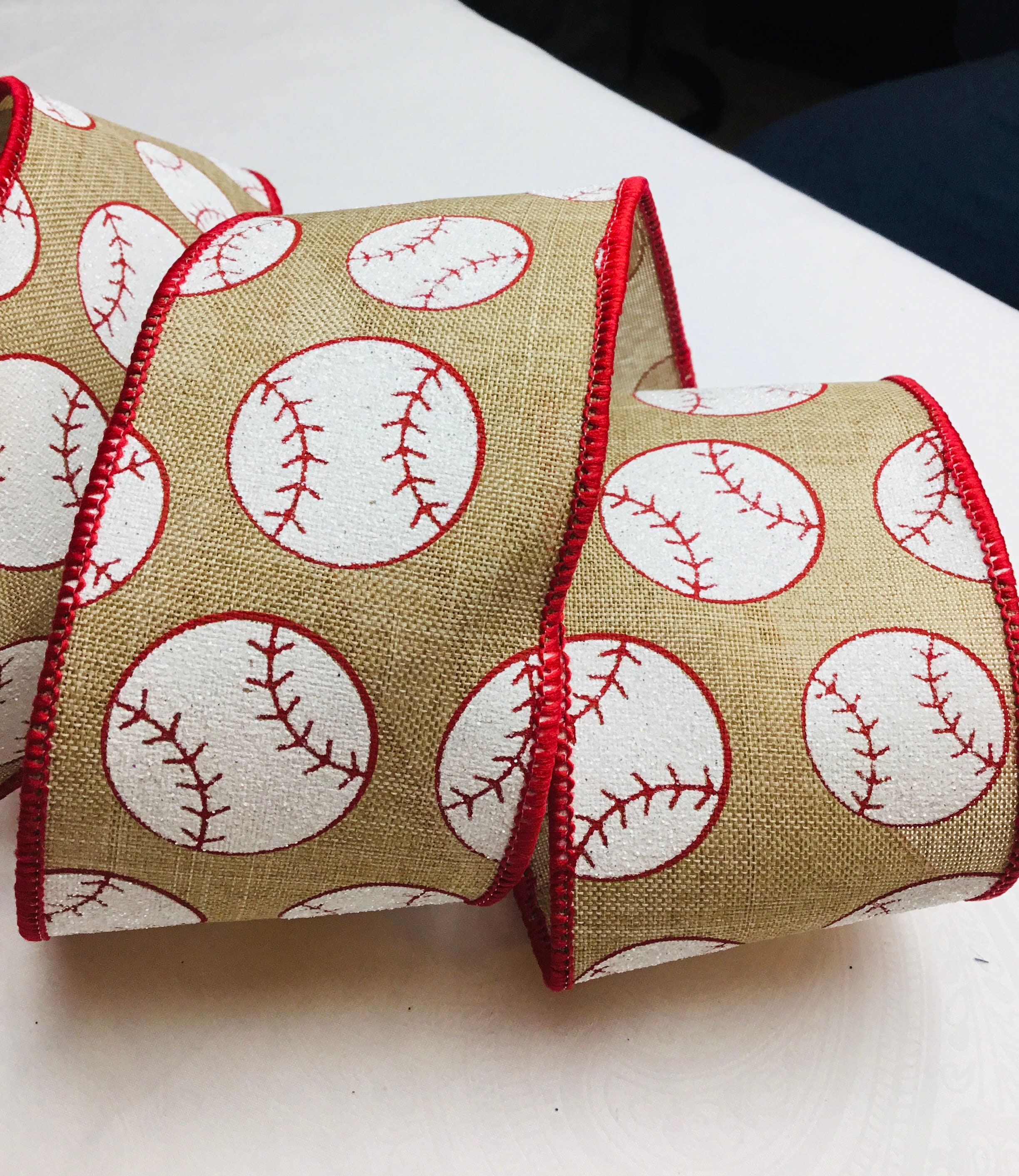 Baseball Ribbon, Glittered Wired Sports Ribbon 1.5 Inch, 10 Yards, Wreath  Supplies 