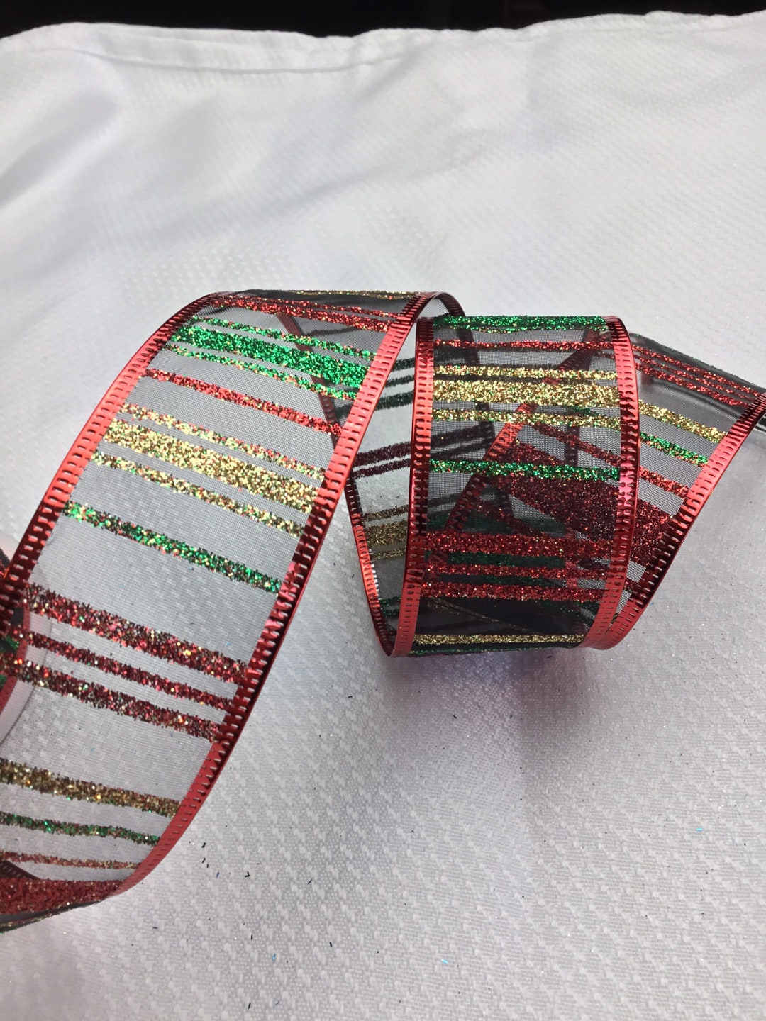 Black Mesh With Red ,gold and Green Glitter Stripes - Etsy