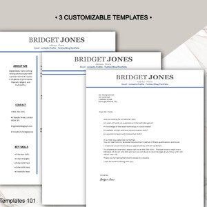 Può includere: Tre modelli di curriculum vitae personalizzabili con il nome "Bridget Jones" in alto. I modelli sono bianchi con accenti blu e includono sezioni per informazioni di contatto, competenze chiave e un riepilogo professionale. L'immagine include anche icone per il download immediato e la facile modifica.