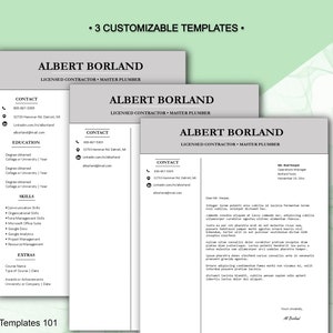 Puede incluir: Tres plantillas de currículum vitae personalizables con un encabezado gris claro con el nombre "ALBERT BORLAND" y el título "LICENSED CONTRACTOR • MASTER PLUMBER." Los currículums son de estilo minimalista, con secciones para contacto, educación y habilidades.