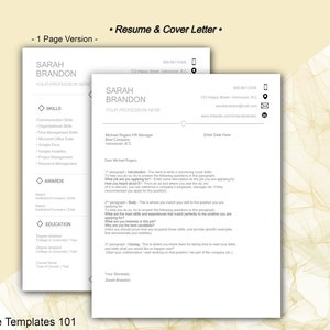 May include: A professional resume and cover letter template with a clean, minimalist design. The template includes sections for skills, awards, and education. The text "Resume Templates 101" is at the bottom. Includes US Letter and A4 versions.
