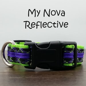 Reflective Dog Collar: Neon Green, Black & Purple, Adjustable