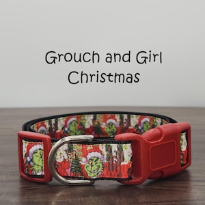 Christmas Cartoon Green Grouch and Girl Dog Collar, Quick Release Buckle, New Puppy Collar, Lightweight Dog Collar, Xmas Dog Collar