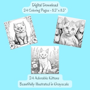 Kitten Coloring Pages, 24 Printable Grayscale Cats Coloring Pages, Beautifully Illustrated Greyscale Coloring Pages for Adults and Teens