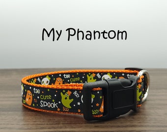 Halloween Dog Collar: Black & Orange Spooky Ghosts, 1-Inch Wide